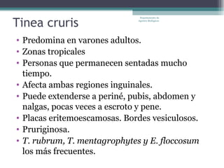 Tinea cruris
                               Departamento de
                              Agentes Biológicos




• Predomina en varones adultos.
• Zonas tropicales
• Personas que permanecen sentadas mucho
  tiempo.
• Afecta ambas regiones inguinales.
• Puede extenderse a periné, pubis, abdomen y
  nalgas, pocas veces a escroto y pene.
• Placas eritemoescamosas. Bordes vesiculosos.
• Pruriginosa.
• T. rubrum, T. mentagrophytes y E. floccosum
  los más frecuentes.
 