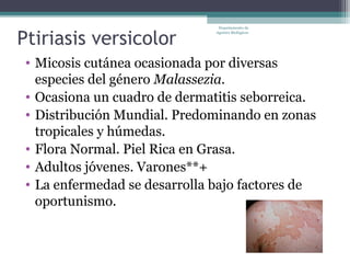 Departamento de


Ptiriasis versicolor
                               Agentes Biológicos




 • Micosis cutánea ocasionada por diversas
   especies del género Malassezia.
 • Ocasiona un cuadro de dermatitis seborreica.
 • Distribución Mundial. Predominando en zonas
   tropicales y húmedas.
 • Flora Normal. Piel Rica en Grasa.
 • Adultos jóvenes. Varones**+
 • La enfermedad se desarrolla bajo factores de
   oportunismo.
 