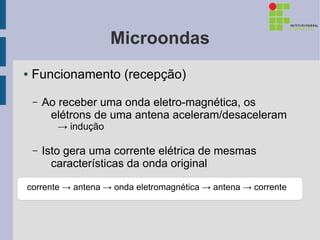 Microondas
●   Funcionamento (recepção)

    –   Ao receber uma onda eletro-magnética, os
         elétrons de uma antena aceleram/desaceleram
           → indução

    –   Isto gera uma corrente elétrica de mesmas
          características da onda original

corrente → antena → onda eletromagnética → antena → corrente
 