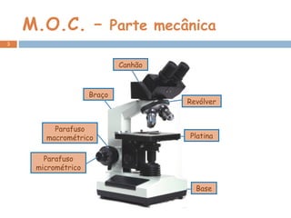 M.O.C. –  Parte mecânica Parafuso macrométrico Parafuso micrométrico Canhão Revólver Braço Platina Base 