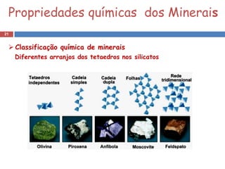 Propriedades químicas dos Minerais
21


  Classificação química de minerais
     Diferentes arranjos dos tetaedros nos silicatos
 