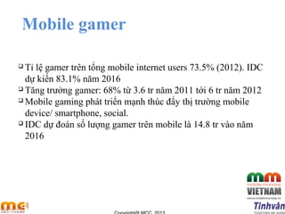 Mobile gamer
 Tỉ lệ gamer trên tổng mobile internet users 73.5% (2012). IDC
dự kiến 83.1% năm 2016
 Tăng trưởng gamer: 68% từ 3.6 tr năm 2011 tới 6 tr năm 2012
 Mobile gaming phát triển mạnh thúc đẩy thị trường mobile
device/ smartphone, social.
 IDC dự đoán số lượng gamer trên mobile là 14.8 tr vào năm
2016
 
