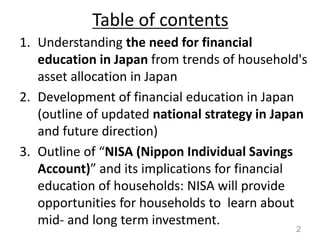 Table of contents
1. Understanding the need for financial
education in Japan from trends of household's
asset allocation in Japan
2. Development of financial education in Japan
(outline of updated national strategy in Japan
and future direction)
3. Outline of “NISA (Nippon Individual Savings
Account)” and its implications for financial
education of households: NISA will provide
opportunities for households to learn about
mid- and long term investment.
Development of Financial Education in Japan
2
 