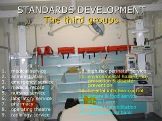 STANDARDS DEVELOPMENT The third groups medical service administration emergency service medical record nursing service laboratory service pharmacy operating theatre radiology service 10. high risk perinatal service 11. environmental hazard, fire protection & disaster prevention 12. hospital infection control 13. dietary & food service 14. intensif care 15. medical rehabilitation 16. hospital blood bank 