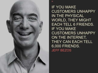 “ 
IF YOU MAKE 
CUSTOMERS UNHAPPY 
IN THE PHYSICAL 
WORLD, THEY MIGHT 
EACH TELL 6 FRIENDS. 
IF YOU MAKE 
CUSTOMERS UNHAPPY 
ON THE INTERNET, 
THEY CAN EACH TELL 
6,000 FRIENDS. 
JEFF BEZOS 
 