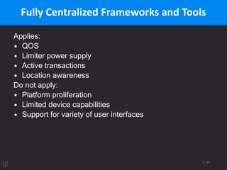 5 / 95
Fully Centralized Frameworks and Tools
Applies:
• QOS
• Limiter power supply
• Active transactions
• Location awareness
Do not apply:
• Platform proliferation
• Limited device capabilities
• Support for variety of user interfaces
 