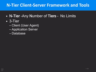 7 / 95
N-Tier Client-Server Framework and Tools
• N-Tier -Any Number of Tiers – No Limits
• 3-Tier
– Client (User Agent)
– Application Server
– Database
 