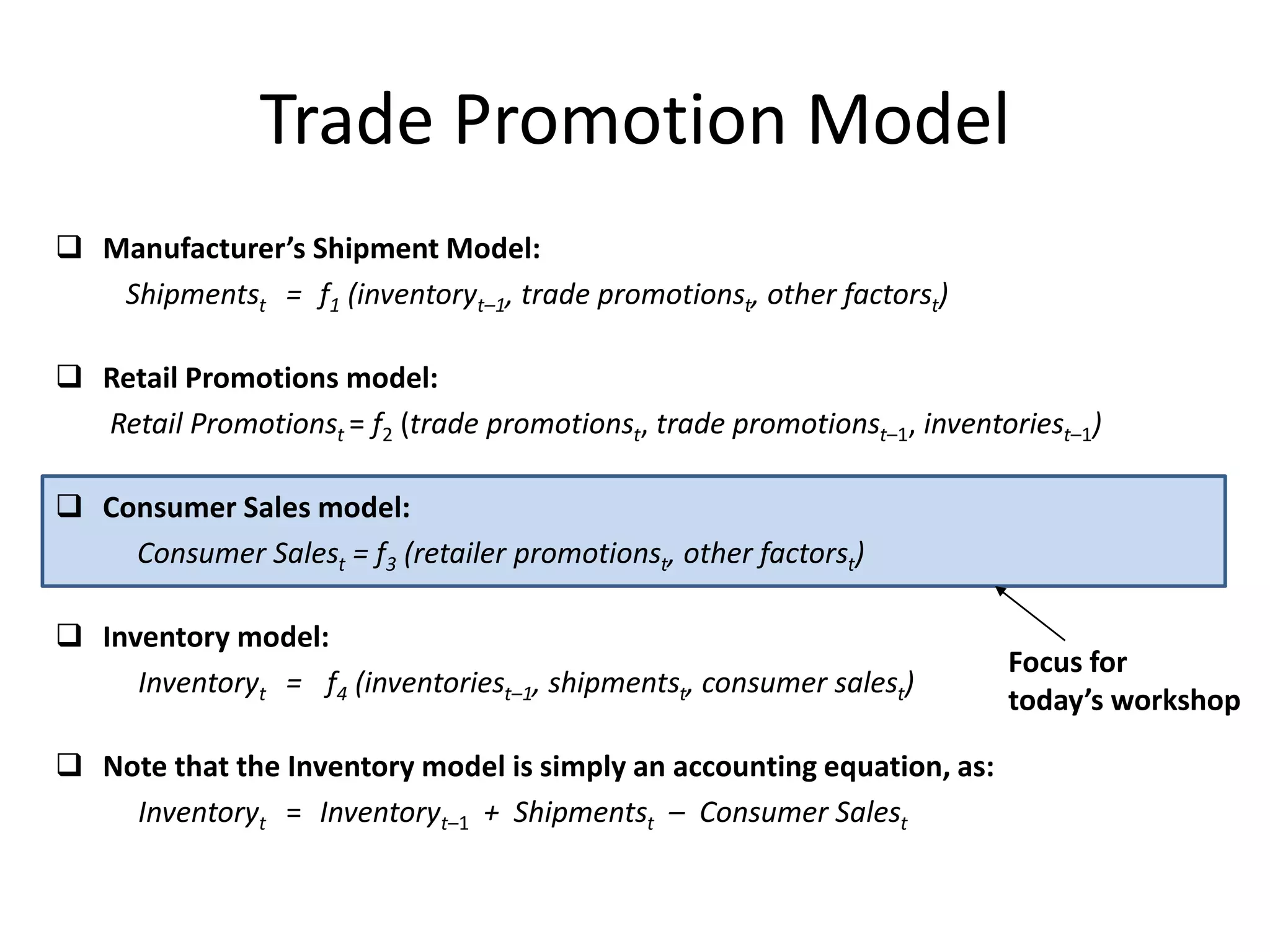 Trade Promotion Model 
 Manufacturer’s Shipment Model: 
Shipmentst = f1 (inventoryt–1, trade promotionst, other factorst) 
 Retail Promotions model: 
Retail Promotionst = f2 (trade promotionst, trade promotionst–1, inventoriest–1) 
 Consumer Sales model: 
Consumer Salest = f3 (retailer promotionst, other factorst) 
 Inventory model: 
Inventoryt = f4 (inventoriest–1, shipmentst, consumer salest) 
 Note that the Inventory model is simply an accounting equation, as: 
Inventoryt = Inventoryt–1 + Shipmentst – Consumer Salest 
Focus for 
today’s workshop 
 
