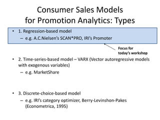 Consumer Sales Models 
for Promotion Analytics: Types 
Focus for 
today’s workshop 
• 1. Regression-based model 
– e.g. A.C.Nielsen’s SCAN*PRO, IRI’s Promoter 
• 2. Time-series-based model – VARX (Vector autoregressive models 
with exogenous variables) 
– e.g. MarketShare 
• 3. Discrete-choice-based model 
– e.g. IRI’s category optimizer, Berry-Levinshon-Pakes 
(Econometrica, 1995) 
 