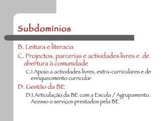 Subdomínios B. Leitura e literacia C. Projectos, parcerias e actividades livres e  de abertura à comunidade C.1 Apoio a actividades livres, extra-curriculares e de enriquecimento curricular D. Gestão da BE D.1.Articulação da BE com a Escola / Agrupamento. Acesso a serviços prestados pela BE 