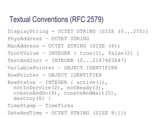 Encapsulamento do Protocolo SNMPv1 PDU da tecnologia de rede (Ethernet por exemplo) Pacote IP Datagrama UDP Mensagem SNMP 