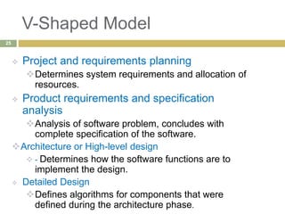 V-Shaped Model
 Project and requirements planning
Determines system requirements and allocation of
resources.
 Product requirements and specification
analysis
Analysis of software problem, concludes with
complete specification of the software.
Architecture or High-level design
 - Determines how the software functions are to
implement the design.
 Detailed Design
Defines algorithms for components that were
defined during the architecture phase.
25
 