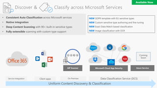 Data Classification Service (DCS)Service Integration Client apps
Microsoft Cloud App Security
• Consistent Auto Classification across Microsoft services
• Native integration
• Deep Content Scanning with 90+ built-in sensitive types
• Fully extensible scanning with custom type support
NEW GDPR template with EU sensitive types
NEW Custom sensitive type authoring and fine tuning
NEW Exact Data Match based classification
NEW Image classification with OCR
Uniform Content Discovery & Classification
AIP Scanner
On Premises
Discover & Classify across Microsoft Services
Azure Service
 