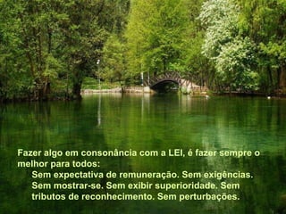 Fazer algo em consonância com a LEI, é fazer sempre o melhor para todos: Sem expectativa de remuneração. Sem exigências. Sem mostrar-se. Sem exibir superioridade. Sem tributos de reconhecimento. Sem perturbações. 
