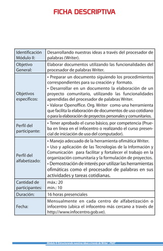 FICHA DESCRIPTIVA
Módulo II: Estructurando nuestras ideas a través de Writer - PNAT
Identificación
Módulo II:
Desarrollando nuestras ideas a través del procesador de
palabras (Writer).
Objetivo
General:
Elaborar documentos utilizando las funcionalidades del
procesador de palabras Writer.
Objetivos
específicos:
• Preparar un documento siguiendo los procedimientos
correspondientes para su creación y formato.
• Desarrollar en un documento la elaboración de un
proyecto comunitario, utilizando las funcionalidades
aprendidas del procesador de palabras Writer.
• Valorar Openoffice. Org. Writer como una herramienta
que facilita la elaboración de documentos de uso cotidiano
oparalaelaboracióndeproyectospersonalesycomunitarios.
Perfil del
participante:
• Tener aprobado el curso básico, por competencia (Prue-
ba en línea en el infocentro o realizando el curso presen-
cial de iniciación de uso del computador).
Perfil del
alfabetizado:
• Manejo adecuado de la herramienta ofimática Writer.
• Uso y aplicación de las Tecnologías de la Información y
Comunicación para facilitar y fortalecer el trabajo en la
organización comunitaria y la formulación de proyectos.
• Demostracióndeinterésporutilizarlasherramientas
ofimáticas como el procesador de palabras en sus
actividades y tareas cotidianas.
Cantidad de
participantes:
máx.: 20
min.: 10
Duración: 16 horas presenciales
Fecha:
Mensualmente en cada centro de alfabetización o
infocentro (ubica el infocentro más cercano a través de
http://www.infocentro.gob.ve).
 
