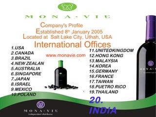 Company's Profile
         Established 8th January 2005
    Located at   Salt Lake City, Uthah, USA

1.USA   International Offices
                                 11.UNITEDKINGDOM
2.CANADA
             www.monavie.com     12.HONG KONG
3.BRAZIL
                                 13.MALAYSIA
4.NEW ZEALAND
                                 14.KOREA
5.AUSTRALIA
                                 15.GERMANY
6.SINGAPORE
                                 16.FRANCE
7.JAPAN
                                 17.TAIWAN
8.ISRAEL
                                 18.PUETRO RICO
9.MEXICO
                                 19.THAILAND
10.POLAND
                                 20.
                                 INDIA
 