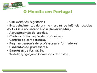 - 900 websites registados.
- Estabelecimentos de ensino (jardins de infância, escolas
do 1º Ciclo ao Secundário e Universidades).
- Agrupamentos de escolas.
- Centros de formação de professores.
- Centros de competência.
- Páginas pessoais de professores e formadores.
- Sindicatos de professores.
- Empresas de formação.
- Tertúlias, Igrejas e Comissões de festas.
O Moodle em Portugal
 