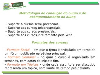 Metodologia de condução do curso e de
acompanhamento do aluno
- Suporte a cursos semi-preenciais
- Suporte aos cursos telepresenciais.
- Suporte aos cursos presenciais.
- Suporte aos cursos inteiramente pela Web.
Formatos dos cursos:
- Formato Social – em que o tema é articulado em torno de
um fórum publicado na página principal.
- Formato Semanal - no qual o curso é organizado em
semanas, com datas de início e fim.
- Formato em Tópicos - onde cada assunto a ser discutido
representa um tópico, sem limite de tempo pré-definido.
 