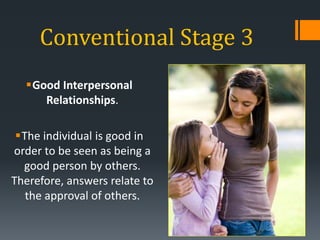 Conventional Stage 3
Good Interpersonal
Relationships.
The individual is good in
order to be seen as being a
good person by others.
Therefore, answers relate to
the approval of others.
 