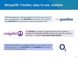 “Relational databases…[don’t] necessarily match the way we see our
data. mongoDB gave us the flexibility to store data in the way that
we understand it as opposed to somebody’s theoretical view.”




                              “It’s friendly. By friendly, I mean that coming from a relational
                              background, specifically a MySQL background, a lot of the concepts
                              carry over.... It makes it very easy to get started.”




“Selecting MongoDB as our database platform was a no brainer as the
technology offered us the flexibility and scalability that we knew
we’d need for Priority Moments.”



                                                                                                   31
 