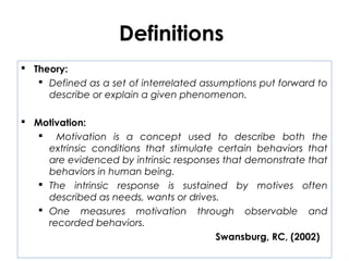 Definitions
 Theory:
 Defined as a set of interrelated assumptions put forward to
describe or explain a given phenomenon.
 Motivation:
 Motivation is a concept used to describe both the
extrinsic conditions that stimulate certain behaviors that
are evidenced by intrinsic responses that demonstrate that
behaviors in human being.
 The intrinsic response is sustained by motives often
described as needs, wants or drives.
 One measures motivation through observable and
recorded behaviors.
Swansburg, RC, (2002)
 