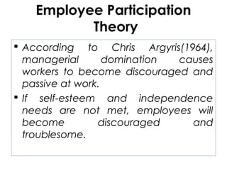 Employee Participation
Theory
 According to Chris Argyris(1964),
managerial domination causes
workers to become discouraged and
passive at work.
 If self-esteem and independence
needs are not met, employees will
become discouraged and
troublesome.
 