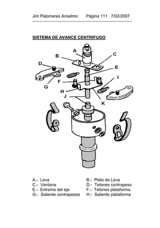 Jim Palomares Anselmo                   Página 111 7/02/2007
---------------------------------------------------------------------------


SISTEMA DE AVANCE CENTRIFUGO




A.-   Leva                              B.-   Plato de Leva
C.-   Ventana                           D.-   Tetones contrapeso
E.-   Extremo del eje                   F.-   Tetones plataforma
G.-   Saliente contrapesos              H.-   Saliente plataforma
 