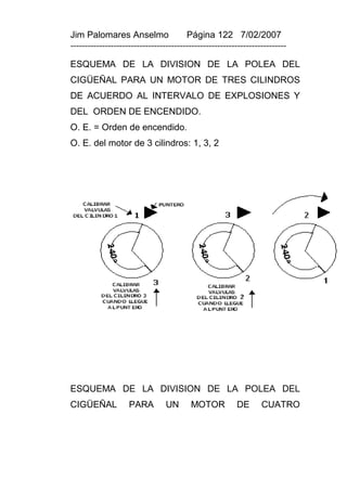 Jim Palomares Anselmo                   Página 122 7/02/2007
---------------------------------------------------------------------------

ESQUEMA DE LA DIVISION DE LA POLEA DEL
CIGÜEÑAL PARA UN MOTOR DE TRES CILINDROS
DE ACUERDO AL INTERVALO DE EXPLOSIONES Y
DEL ORDEN DE ENCENDIDO.
O. E. = Orden de encendido.
O. E. del motor de 3 cilindros: 1, 3, 2




ESQUEMA DE LA DIVISION DE LA POLEA DEL
CIGÜEÑAL            PARA         UN      MOTOR           DE       CUATRO
 