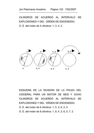 Jim Palomares Anselmo                   Página 123 7/02/2007
---------------------------------------------------------------------------

CILINDROS           DE      ACUERDO            AL     INTERVALO               DE
EXPLOSIONES Y DEL ORDEN DE ENCENDIDO.
O. E. del motor de 4 cilindros: 1, 3, 4, 2.




ESQUEMA DE LA DIVISION DE LA POLEA DEL
CIGÜEÑAL PARA UN MOTOR DE SEIS Y OCHO
CILINDROS           DE      ACUERDO            AL     INTERVALO               DE
EXPLOSIONES Y DEL ORDEN DE ENCENDIDO.
O. E. del motor de 6 cilindros: 1, 5, 3, 6, 2, 4.
O. E. del motor de 8 cilindros: 1, 8, 4, 3, 6, 5, 7, 2
 