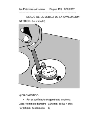 Jim Palomares Anselmo                   Página 159 7/02/2007
---------------------------------------------------------------------------

          DIBUJO DE LA MEDIDA DE LA OVALIZACION
INFERIOR: (Un método)




e) DIAGNÓSTICO:
         Por especificaciones genéricas tenemos:
Cada 10 mm de diámetro 0,06 mm. de luz ÷ ptas.
Por 68 mm. de diámetro                X
 