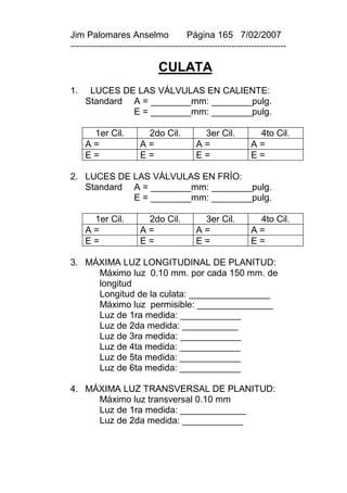 Jim Palomares Anselmo                   Página 165 7/02/2007
---------------------------------------------------------------------------

                              CULATA
1.    LUCES DE LAS VÁLVULAS EN CALIENTE:
     Standard A = ________mm: ________pulg.
              E = ________mm: ________pulg.

      1er Cil.           2do Cil.           3er Cil.           4to Cil.
     A=                 A=                 A=                 A=
     E=                 E=                 E=                 E=

2. LUCES DE LAS VÁLVULAS EN FRÍO:
   Standard A = ________mm: ________pulg.
            E = ________mm: ________pulg.

      1er Cil.           2do Cil.           3er Cil.           4to Cil.
     A=                 A=                 A=                 A=
     E=                 E=                 E=                 E=

3. MÁXIMA LUZ LONGITUDINAL DE PLANITUD:
     Máximo luz 0.10 mm. por cada 150 mm. de
     longitud
     Longitud de la culata: ________________
     Máximo luz permisible: _______________
     Luz de 1ra medida: ____________
     Luz de 2da medida: ___________
     Luz de 3ra medida: ____________
     Luz de 4ta medida: ____________
     Luz de 5ta medida: ____________
     Luz de 6ta medida: ____________

4. MÁXIMA LUZ TRANSVERSAL DE PLANITUD:
     Máximo luz transversal 0.10 mm
     Luz de 1ra medida: _____________
     Luz de 2da medida: ____________
 