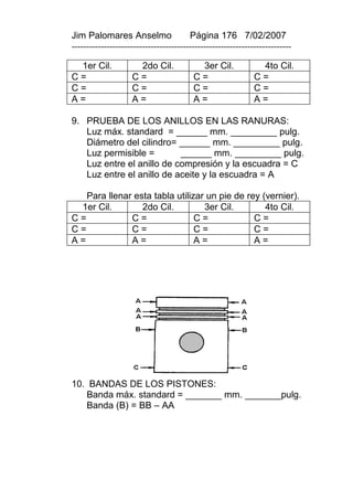 Jim Palomares Anselmo                   Página 176 7/02/2007
---------------------------------------------------------------------------

 1er Cil.            2do Cil.             3er Cil.             4to Cil.
C=                  C=                   C=                   C=
C=                  C=                   C=                   C=
A=                  A=                   A=                   A=

9. PRUEBA DE LOS ANILLOS EN LAS RANURAS:
   Luz máx. standard = ______ mm. _________ pulg.
   Diámetro del cilindro= ______ mm. _________ pulg.
   Luz permisible =        ______ mm. _________ pulg.
   Luz entre el anillo de compresión y la escuadra = C
   Luz entre el anillo de aceite y la escuadra = A

   Para llenar esta tabla utilizar un pie de rey (vernier).
 1er Cil.        2do Cil.         3er Cil.        4to Cil.
C=            C=                C=             C=
C=            C=                C=             C=
A=            A=                A=             A=




10. BANDAS DE LOS PISTONES:
   Banda máx. standard = _______ mm. _______pulg.
   Banda (B) = BB – AA
 