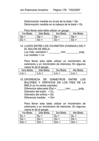 Jim Palomares Anselmo                   Página 178 7/02/2007
---------------------------------------------------------------------------


     Deformación medida en el píe de la biela = Dp
     Deformación medida en la cabeza de la biela = Dc

   Para llenar esta tabla utilizar un gauge.
 1ra Biela.     2da Biela.       3ra Biela.   4ta Biela.
Dp =          Dp =             Dp =          Dp =
Dc =          Dc =             Dc =          Dc =

14. LUCES ENTRE LOS COJINETES (CASQUILLOS) Y
    EL BULÓN DE BIELA:
    Luz máx. standard = ________ mm. ________ pulg.
    Luz medida = Lm

   Para llenar esta tabla utilizar un micrómetro de
   exteriores y un micrómetro de interiores. En algunos
   casos le da el gauge.
 1era Biela.    2da Biela.   3ra Biela.      4ta Biela.
Lm =          Lm =          Lm =           Lm =

15. DIFERENCIA DE DIÁMETROS ENTRE LOS
    BULONES Y ORIFICIOS EN LOS PIES DE LA
    BIELA (si no existe cojinete):
    Diferencia adecuada (Da) = ______mm. _____pulg.
    Diámetro del bulón = DB
    Diámetro del orificio = Do
    Diferencia medida = Dm

   Para llenar esta tabla utilizar un micrómetro de
   exteriores y un micrómetro de interiores. En algunos
   casos le da el gauge.
 1ra Biela.     2da Biela.   3ra Biela.      4ta Biela.
DB =          DB =          DB =           DB =
Do =          Do =          Do =           Do =
Dm =          Dm =          Dm =           Dm =
 