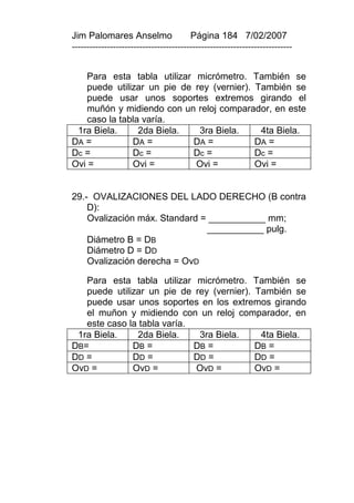Jim Palomares Anselmo                   Página 184 7/02/2007
---------------------------------------------------------------------------


   Para esta tabla utilizar micrómetro. También se
   puede utilizar un pie de rey (vernier). También se
   puede usar unos soportes extremos girando el
   muñón y midiendo con un reloj comparador, en este
   caso la tabla varía.
 1ra Biela.     2da Biela.   3ra Biela.     4ta Biela.
DA =          DA =         DA =            DA =
Dc =          Dc =         Dc =            Dc =
Ovi =         Ovi =         Ovi =          Ovi =


29.- OVALIZACIONES DEL LADO DERECHO (B contra
    D):
    Ovalización máx. Standard = ___________ mm;
                               ___________ pulg.
    Diámetro B = DB
    Diámetro D = DD
    Ovalización derecha = OvD

   Para esta tabla utilizar micrómetro. También se
   puede utilizar un pie de rey (vernier). También se
   puede usar unos soportes en los extremos girando
   el muñon y midiendo con un reloj comparador, en
   este caso la tabla varía.
 1ra Biela.    2da Biela.     3ra Biela.    4ta Biela.
DB=           DB =           DB =          DB =
DD =          DD =           DD =          DD =
OvD =         OvD =          OvD =         OvD =
 