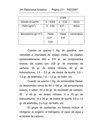 Jim Palomares Anselmo                   Página 211 7/02/2007
---------------------------------------------------------------------------

                                                   0,009
- Dióxido de azufre             0 – 0,002        0 – 0,03          tóxico
                  3
- Hollín (gr/m )                 0 – 0,04         0,01 –           tóxico
                                                    1,1
                          3
- Benzopireno (gr/ m )             Hasta          Hasta        cancerígeno
                                  0,01 –           0,01
                                    0,02


          Cuando se quema 1 Kg. de gasolina, con
velocidad e intensidad de trabajo media, se expelen
aproximadamente 300 a 310 gr. de componentes
tóxicos, las cuales son: 225 gr. de monóxido de
carbono, 55 gr. de óxidos nitrosos, 20 gr. de
hidrocarburos, 1,5 – 2,0 gr. de óxidos de azufre, 0,8 –
1,0 gr. de aldehídos, 1,0 – 1,5 gr. de hollín, etc.
          Cuando se quema 1 Kg. de combustible Diesel,
se desprenden cerca de 80 a 100 gr. de componentes
tóxicos, a saber: 20 a 30 gr. de monóxido de carbono,
20      a 40 gr. de óxidos nitrosos, 4 a 10 gr. de
hidrocarburos, 10 a 30 gr. de óxidos de azufre, 0,8 a 1,0
gr. de aldehídos, 3 a 5 gr. de hollín, etc.
          El grupo de sustancias no tóxicas incluye el
nitrógeno, el oxígeno, el hidrógeno, el vapor de agua y
el dióxido de carbono.
 