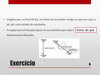 Exercício 6
• Imagina que, no final do dia, um aluno sai da escola e dirige-se para sua casa, a
pé, por uma estrada de montanha.
• O espaço percorrido pelo aluno no seu caminho para casa é ............................
deslocamento efetuado.
maior do que
 