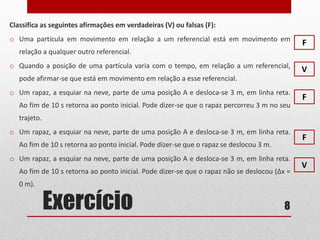 Exercício
Classifica as seguintes afirmações em verdadeiras (V) ou falsas (F):
o Uma partícula em movimento em relação a um referencial está em movimento em
relação a qualquer outro referencial.
o Quando a posição de uma partícula varia com o tempo, em relação a um referencial,
pode afirmar-se que está em movimento em relação a esse referencial.
o Um rapaz, a esquiar na neve, parte de uma posição A e desloca-se 3 m, em linha reta.
Ao fim de 10 s retorna ao ponto inicial. Pode dizer-se que o rapaz percorreu 3 m no seu
trajeto.
o Um rapaz, a esquiar na neve, parte de uma posição A e desloca-se 3 m, em linha reta.
Ao fim de 10 s retorna ao ponto inicial. Pode dizer-se que o rapaz se deslocou 3 m.
o Um rapaz, a esquiar na neve, parte de uma posição A e desloca-se 3 m, em linha reta.
Ao fim de 10 s retorna ao ponto inicial. Pode dizer-se que o rapaz não se deslocou (Δx =
0 m).
8
F
V
F
F
V
 