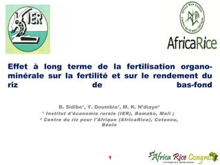 Effet à long terme de la fertilisation organominérale sur la fertilité et sur le rendement du
riz
de
bas-fond
B. Sidibe1, Y. Doumbia1, M. K. N’diaye2

Institut d'économie rurale (IER), Bamako, Mali ;
Centre du riz pour l'Afrique (AfricaRice), Cotonou,
Bénin

1
2

1

1

 