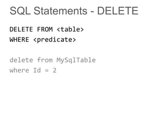 SQL Statements - DELETE
DELETE FROM <table>
WHERE <predicate>

delete from MySqlTable
where Id = 2
 