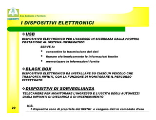 Area Ambiente e Territorio



     I DISPOSITIVI ELETTRONICI

          USB
       DISPOSITIVO ELETTRONICO PER L’ACCESSO IN SICUREZZA DALLA PROPRIA
       POSTAZIONE AL SISTEMA INFORMATICO
                         SERVE A:
                         •        consentire la trasmissione dei dati
                         •        firmare elettronicamente le informazioni fornite
                         •        memorizzare le informazioni fornite

          BLACK BOX
       DISPOSITIVO ELETTRONICO DA INSTALLARE SU CIASCUN VEICOLO CHE
       TRASPORTA RIFIUTI, CON LA FUNZIONE DI MONITORARE IL PERCORSO
       EFFETTUATO


          DISPOSITIVI DI SORVEGLIANZA
       TELECAMERE PER MONITORARE L’INGRESSO E L’USCITA DEGLI AUTOMEZZI
       DAGLI IMPIANTI DI DISCARICA E DI INCENERIMENTO


            N.B.
29            I dispositivi sono di proprietà del SISTRI e vengono dati in comodato d’uso
 