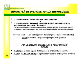 Area Ambiente e Territorio



      QUANTITÀ DI DISPOSITIVI DA RICHIEDERE


     •      1 USB PER OGNI UNITÀ LOCALE DELL’IMPRESA
                                               E
     •      1 USB PER OGNI ATTIVITÀ DI GESTIONE DEI RIFIUTI SVOLTA
            ALL’INTERNO DELL’UNITÀ LOCALE
            (se sono individuati gli stessi delegati per tutte le attività di gestione, si può
            chiedere 1 solo dispositivo per tutte le attività attribuite agli stessi delegati)


           Per unità locali con più unità operative da cui originano autonomamente rifiuti
                           SI PUÒ richiedere 1 dispositivo per ogni unità operativa



                          PER LE ATTIVITÀ DI RACCOLTA E TRASPORTO DEI
                                              RIFIUTI

     •      1 USB per la sede legale dell’impresa (o anche di 1 per ogni UL)
     •      1 USB e 1 BLACK BOX per ogni veicolo adibito al trasporto di rifiuti
30
 