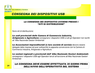 Area Ambiente e Territorio



     CONSEGNA DEI DISPOSITIVI USB

                        LA CONSEGNA DEI DISPOSITIVI AVVIENE PRESSO I
                                  “SITI DI DISTRIBUZIONE”


     Sono siti di distribuzione:

     Le sedi provinciali delle Camera di Commercio Industria,
     Artigianato e Agricoltura: consegnano i dispositivi USB a tutti gli Operatori non iscritti
     all’ Albo Nazionale Gestori Ambientali

     Le Associazioni imprenditoriali (o loro società di servizi): devono essere
     delegate dalle imprese ed aver sottoscritto la apposita convenzione con la Camera di
     Commercio Industria, Artigianato e Agricoltura

     Le sezioni regionali e provinciali dell’ Albo Nazionale Gestori Ambientali:
     consegnano i dispositivi USB agli Operatori tenuti all’iscrizione all’Albo Nazionale Gestori
     Ambientali

         LA CONSEGNA DEVE ESSERE EFFETTUATA 30 GIORNI PRIMA
31
               DELL’AVVIO DELL’OPERATIVITÀ DEL SISTEMA
 