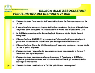 Area Ambiente e Territorio
                     DELEGA ALLE ASSOCIAZIONI
      PER IL RITIRO DEI DISPOSITIVI USB

           L’associazione (o la società di servizi) stipula la Convenzione con la
           CCIAA
           A seguito della sottoscrizione della Convenzione, in fase di iscrizione
           l’impresa puo’ delegare l’Associazione al ritiro del dispositivo USB
           La CCIAA comunica alle Associazioni l’elenco delle Unità locali
           deleganti
           L’Associazione ENTRO 5 g comunica l’elenco degli operatori per i
           quali non ricorrono le condizioni per l’erogazione del servizio
           L’Associazione firma la dichiarazione di presa in carico e riceve dalla
           CCIAA il plico sigillato
           L’associazione raccoglie la documentazione necessaria e forma 1
           fascicolo per ogni impresa
           L’associazione consegna plico a impresa, il fascicolo a CCIAA e
           registra quotidianamente sul sistema della CCIAA gli estremi delle
           consegne effettuate

36         L’associazione restituisce a CCIAA plichi non consegnati
 