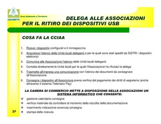 Area Ambiente e Territorio
                     DELEGA ALLE ASSOCIAZIONI
      PER IL RITIRO DEI DISPOSITIVI USB

      COSA FA LA CCIAA

     1.   Riceve i dispositivi configurati e li immagazzina
     2.   Acquisisce l’elenco delle Unità locali deleganti e per le quali sono stati spediti da SISTRI i dispositivi
          elettronici
     3.   Comunica alle Associazione l’elenco delle Unità locali deleganti
     4.   Contatta direttamente le Unità locali per le quali l’Associazione ha rifiutato la delega
     5.   Trasmette all’impresa una comunicazione con l’elenco dei documenti da consegnare
          all’Associazione
     6.   Consegna i dispositivi all’Associzione previa verifica del pagamento dei diritti di segreteria (anche
          attraverso il sistema Telemaco Pay)

          LA CAMERA DI COMMERCIO METTE A DISPOSIZIONE DELLE ASSOCIAZIONI UN
                          SISTEMA INFORMATICO CHE CONSENTE:
           gestione calendario consegne
           verifica materiale da controllare al momento della raccolta della documentazione
           inserimento indicazione avvenuta consegna
37         stampa della ricevuta
 
