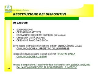 Area Ambiente e Territorio



      RESTITUZIONE DEI DISPOSITIVI

      IN CASO DI:


      •    SOSPENSIONE
      •    CESSAZIONE ATTIVITÀ
      •    ESTINZIONE SOGGETTI GIURIDICI (es fusione)
      •    CHIUSURA UNITÀ LOCALE
      •    CESSIONE RAMO D’AZIENDA

      deve essere inoltrata comunicazione al Sistri ENTRO 72 ORE DALLA
         COMUNICAZIONE AL REGISTRO DELLE IMPRESE

      i dispositivi devono essere restituiti ENTRO 10 GIORNI DALLA
           COMUNICAZIONE AL SISTRI


      in caso di acquisizione, l’acquirente deve iscriversi al sistri ENTRO 10 GIORNI
39
          DALLA COMUNICAZIONE AL REGISTRO DELLE IMPRESE
 