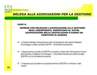 Area Ambiente e Territorio



     DELEGA ALLE ASSOCIAZIONI PER LA GESTIONE


             CASO A:
                 IMPRESE CHE DELEGANO L’ASSOCIAZIONE ALLA GESTIONE
                       DEGLI ADEMPIMENTI, ADERISCONO AL SISTRI,
                     USUFRUISCONO DELLE AGEVOLAZIONI E HANNO UN
                                 COMPUTER IN AZIENDA


                  L’impresa delega l’Associazione alla compilazione del proprio Registro
                  Cronologico e della scheda SISTRI – Area Movimentazione


                  L’Associazione accede al SISTRI e compila in base alle informazioni fornite
                  dall’impresa il Registro Cronologico – Area Movimentazione della scheda
                  SISTRI e lo firma elettronicamente


                  L’impresa può accedere successivamente al SISTRI e verificare i dati
                  inseriti
53
 