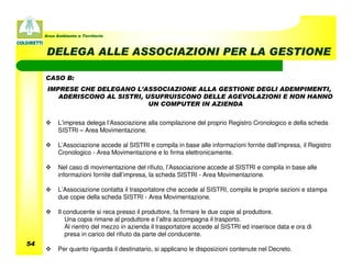Area Ambiente e Territorio



     DELEGA ALLE ASSOCIAZIONI PER LA GESTIONE

     CASO B:
      IMPRESE CHE DELEGANO L’ASSOCIAZIONE ALLA GESTIONE DEGLI ADEMPIMENTI,
         ADERISCONO AL SISTRI, USUFRUISCONO DELLE AGEVOLAZIONI E NON HANNO
                                UN COMPUTER IN AZIENDA


           L’impresa delega l’Associazione alla compilazione del proprio Registro Cronologico e della scheda
           SISTRI – Area Movimentazione.

           L’Associazione accede al SISTRI e compila in base alle informazioni fornite dall’impresa, il Registro
           Cronologico - Area Movimentazione e lo firma elettronicamente.

           Nel caso di movimentazione del rifiuto, l’Associazione accede al SISTRI e compila in base alle
           informazioni fornite dall’impresa, la scheda SISTRI - Area Movimentazione.

           L’Associazione contatta il trasportatore che accede al SISTRI, compila le proprie sezioni e stampa
           due copie della scheda SISTRI - Area Movimentazione.

           Il conducente si reca presso il produttore, fa firmare le due copie al produttore.
              Una copia rimane al produttore e l’altra accompagna il trasporto.
              Al rientro del mezzo in azienda il trasportatore accede al SISTRI ed inserisce data e ora di
              presa in carico del rifiuto da parte del conducente.
54
           Per quanto riguarda il destinatario, si applicano le disposizioni contenute nel Decreto.
 
