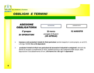 Area Ambiente e Territorio



      OBBLIGHI E TERMINI


             ADESIONE                                      ISCRIZIONE                            OPERATIVITA’
           OBBLIGATORIA
                    2°gruppo                             30 marzo                             12 AGOSTO
                                                    prorogato di 30 giorni
               DI OPERATORI
                                                      (29 APRILE)


               imprese e enti produttori iniziali di rifiuti pericolosi (anche trasporto in conto proprio, ex art.212,
               c.8 d.lgs.152/06) fino a 50 dipendenti

               produttori iniziali di rifiuti non pericolosi da lavorazioni industriali e artigianali, derivanti da
               attività di recupero e smaltimento di rifiuti, potabilizzazione e altri trattamenti delle acque, dalla
               depurazione e da abbattimento di fumi, che hanno tra i 50 e gli 11 dipendenti




6
 