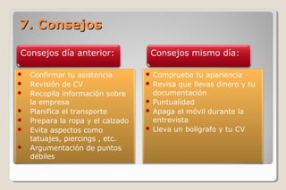  Confirmar tu asistencia
 Revisión de CV
 Recopila información sobre
la empresa
 Planifica el transporte
 Prepara la ropa y el calzado
 Evita aspectos como
tatuajes, piercings , etc.
 Argumentación de puntos
débiles
 Comprueba tu apariencia
 Revisa que llevas dinero y tu
documentación
 Puntualidad
 Apaga el móvil durante la
entrevista
 Lleva un bolígrafo y tu CV
7. Consejos7. Consejos
Consejos día anterior: Consejos mismo día:
 