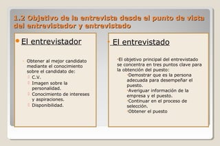 1.2 Objetivo de la entrevista desde el punto de vista1.2 Objetivo de la entrevista desde el punto de vista
del entrevistador y entrevistadodel entrevistador y entrevistado
El entrevistador
◦ Obtener al mejor candidato
mediante el conocimiento
sobre el candidato de:
 C.V.
 Imagen sobre la
personalidad.
 Conocimiento de intereses
y aspiraciones.
 Disponibilidad.
• El entrevistado
•El objetivo principal del entrevistado
se concentra en tres puntos clave para
la obtención del puesto:
•Demostrar que es la persona
adecuada para desempeñar el
puesto.
•Averiguar información de la
empresa y el puesto.
•Continuar en el proceso de
selección.
•Obtener el puesto
 